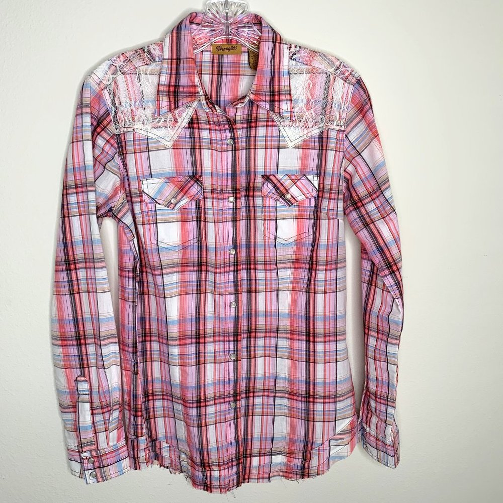 Wrangler Western Shirt Pearl Button Raw Hem Lace